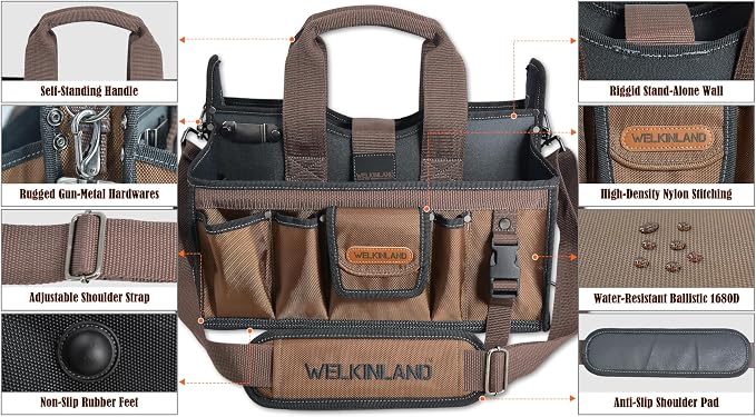 WELKINLAND 20-Pockets Tool Tote Bag, 16" Electrician Tool Bag, Open-Top Tool Bag, Stay-Up HVAC Tools Bag, Brown Tech Tools Bags, HVAC Bag, Tool Tote Bag With Handle