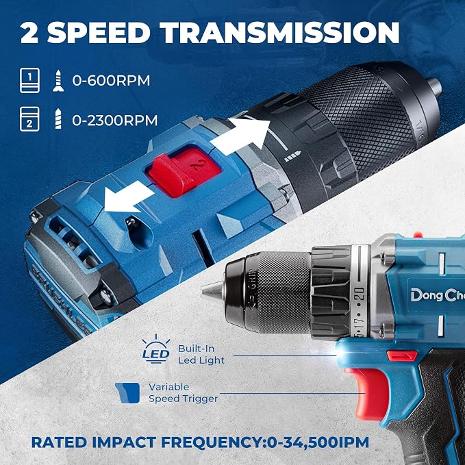 Dong Cheng 20V Brushless Heavy-duty Impact Drill, 531in-lbs, with 2 x 2.0Ah Battery, 1/2" Keyless All Metal Chuck, 20+1+1 Clutch, Cordless Hammer Drill Kit for Drilling Brick Wall, Metal, Wood