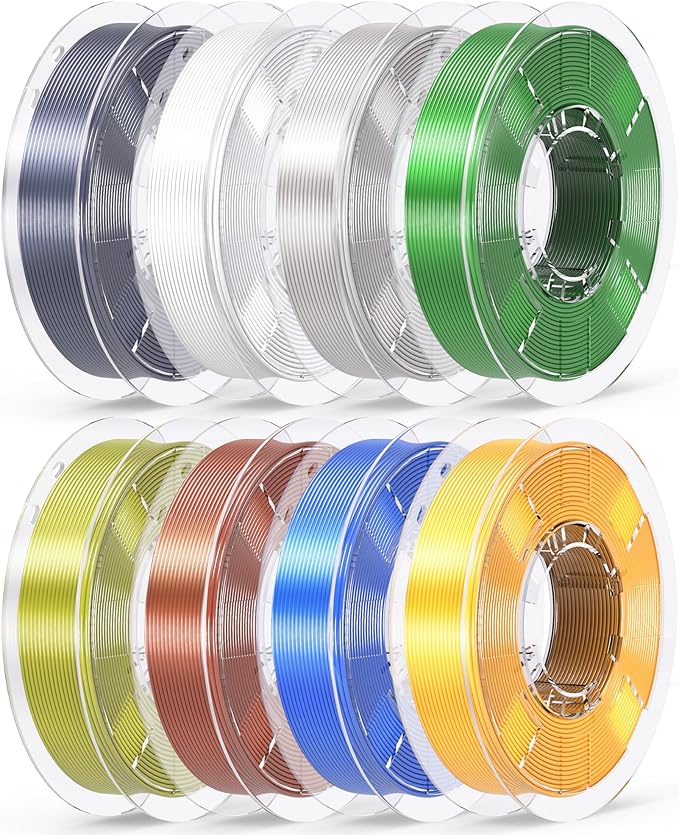 RAMBERY 250gx8 Silk PLA Filament Bundle 1.75mm 3D Printer Filaments, 8 Colors 250g Spool, Black/White/Silver/Green Bronze/Gemstone Blue/Christmas Green/Red Bronze/Yellow