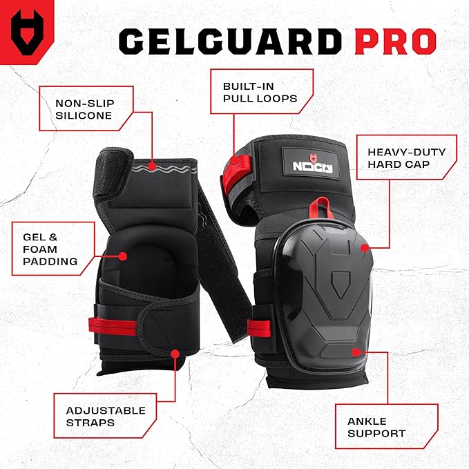 NoCry Professional Work Knee Pads for Men Construction with Ankle Support and Heavy Duty Anti-Slip Cap — Foam Cushion and Extra Thick Gel Padding — Reinforced Thigh & Shin Straps