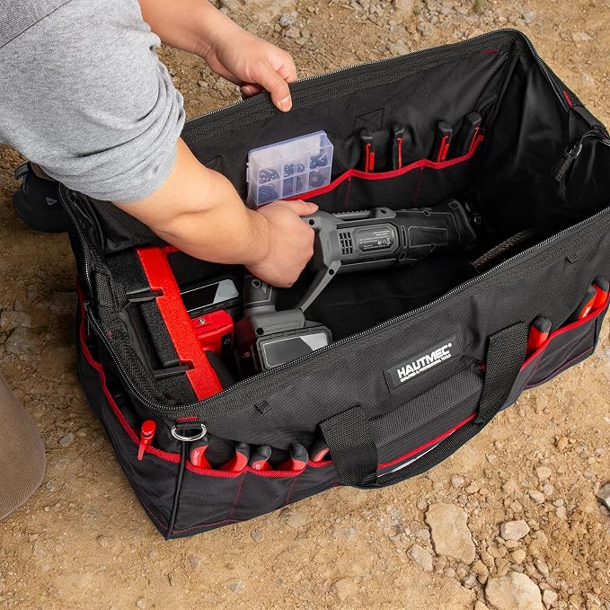 HAUTMEC 3-Piece Large Tool Bag Set (12” / 18” / 24”), Heavy-Duty 1680D Wide Mouth Tool Bag with Metal Frame, Foldable Tool Tote Bag with Non-Slip Base, Double Zippers & Padded Shoulder Strap – HT0297