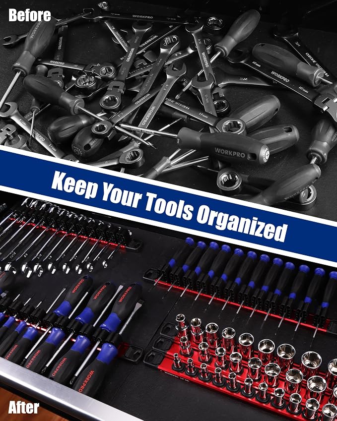 WORKPRO 6-Piece Magnetic Socket and Screwdriver Organizer Set | 3-Piece 1/4", 3/8" & 1/2" Drive Metric & SAE Socket Rails, 3-Piece Screwdriver and Wrench Holders