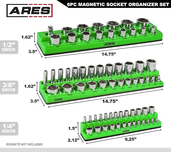 ARES 60160 - Magnetic Socket Organizer, 6-Piece Metric & SAE, 143 Sockets | Fits 1/4 in, 3/8 in, 1/2 in Drive