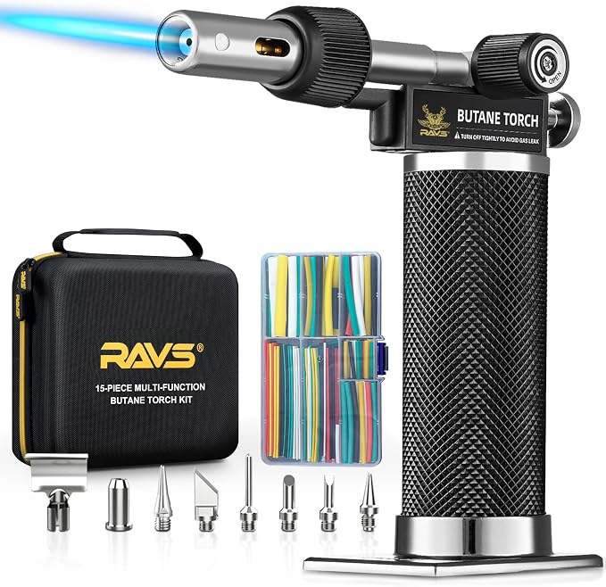 RAVS 15-piece Butane Torch Kit with 140 pcs Heat Shrink Tubing Kit, Cordless Butane Soldering Iron Kit, Multi-Function Brazing Torch Kit without Fuel