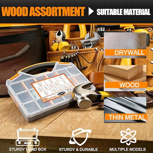 Dianrui 1020 PCS High Hardness Wood Screws Assortment Kit, #6#8 Drywall Screws, Assorted Black Wood Screws, Phillips Flat Head Screw Set-13 Sizes (5/8",3/4",1",1-1/4",1-1/2",2",2-3/4")