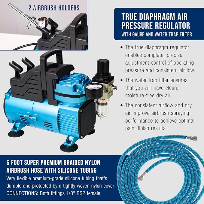 Master Airbrush 1/5 HP Cool Runner Dual Fan Air Compressor Kit Model TC-420 - Professional Single-Piston with 2 Cooling Fans, Longer Running Time without Overheating, Regulator Water Trap Holder