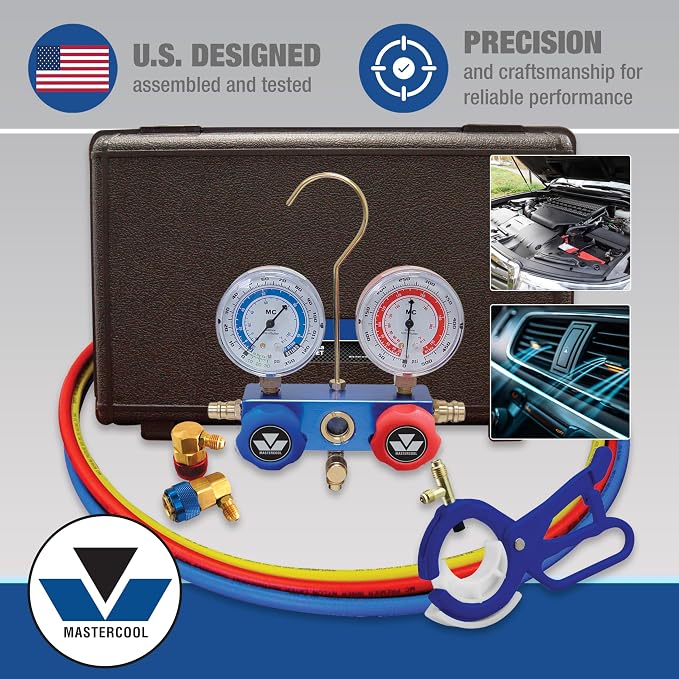 Mastercool 89660-PRO5 Automotive R134a 2-Way Manifold Gauge Set with 3-in-1 Can Tap Valve – U.S. Designed, Assembled, and Tested – Includes 60" Hoses and R134a Couplers