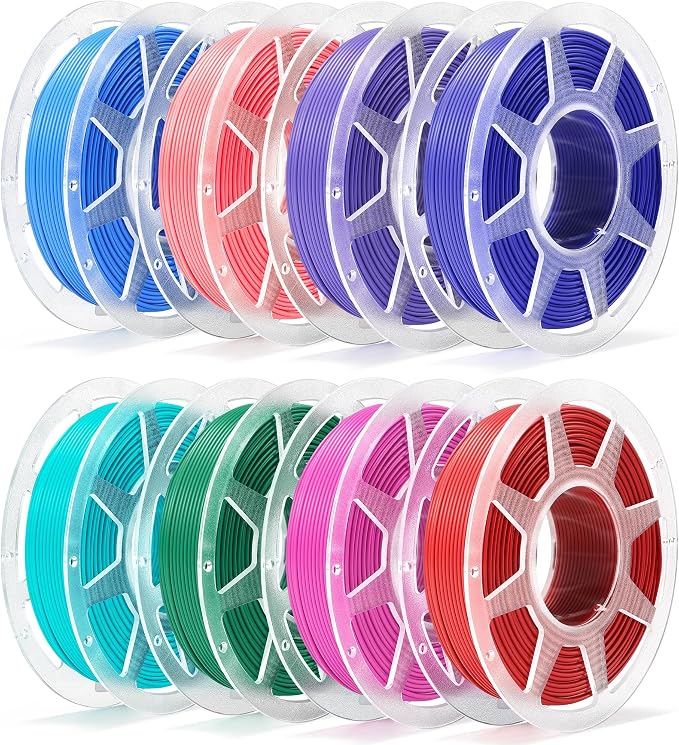 Pre-Dried PLA Basic 8x250g Bundle with Spool for Bambu Lab 3D Printers, Multicolor 1.75mm 3D Printing Filament, Magenta+Purple+Red+Dark Blue+Mistletoe Green+Pink+Cyan+Turquoise