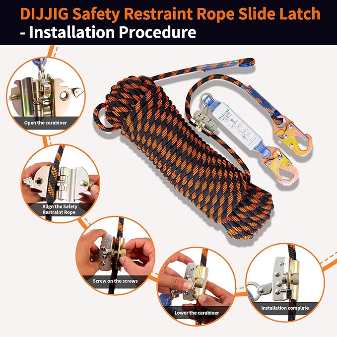 DIJJIG Rope Harness Safety Lanyard 25ft Vertical Roofing Rope With Grab Snap Hooks Shock Absorber Fall Protection Tree Climbing Line Kit Heavy Duty Roof Safety Equipment ANSI CE