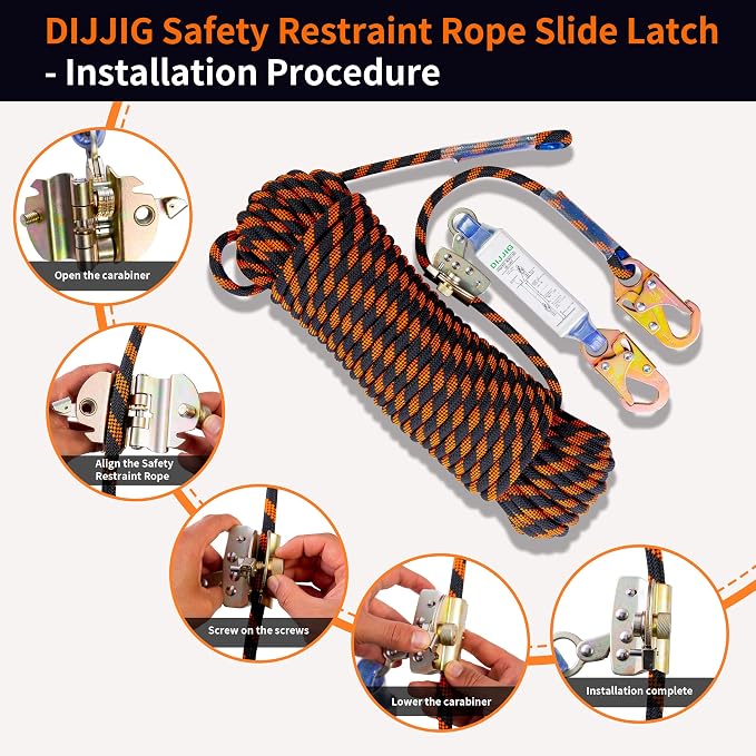 DIJJIG Rope Harness Safety Lanyard 150ft Vertical Roofing Rope With Grab Snap Hooks Shock Absorber Fall Protection Tree Climbing Line Kit Heavy Duty Roof Safety Equipment ANSI CE