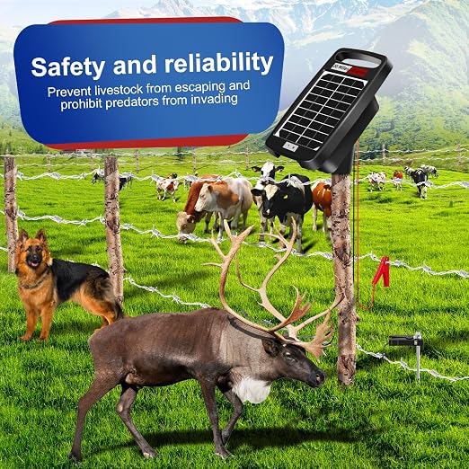 20 Miles Solar Powered Electric Fence Charger – 0.32J Output, 24/7 Day/Night Protection, Portable Fence Energizer for Dogs, Chickens, Garden, Livestock, Rechargeable Solar Panel, Rugged & Waterproof