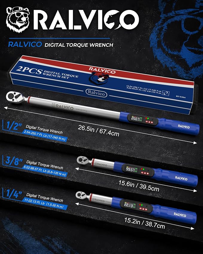 Digital Torque Wrench 3/8 Driver For Motorcycle Engine maintenance | 5.02-99.57 Ft-Lb (6.8-135 N.m)，±2% Accuracy，Peak & Track Mode，Color LED & Buzzer Alerts，Quick Release Head