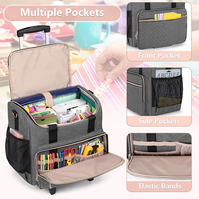 LUXJA Rolling Craft Bag with Pockets for 12 x 12 inch Scrapbook Album and Laptop, Rolling Scrapbook Tote with Detachable Dolly (Patent Pending), Gray