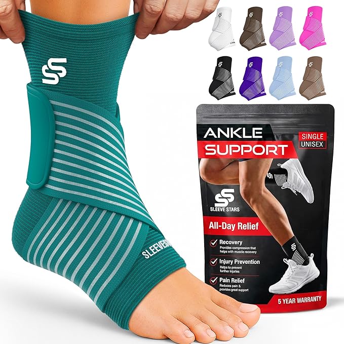 Sleeve Stars Ankle Brace for Women & Men, Ankle Wrap for Sprain, Compression Sleeve for Plantar Fasciitis Relief, Easy Customizable Support: w/ Removable Strap (Single/M:10"-12"/Turquoise)