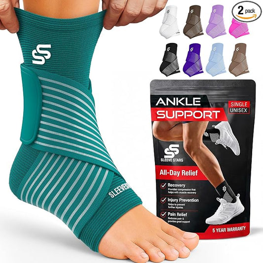 Sleeve Stars Ankle Brace for Women & Men, Ankle Wrap for Sprain, Compression Sleeve for Plantar Fasciitis Relief, Easy Customizable Support: w/ Removable Strap (Pair/M:10"-12"/Turquoise)