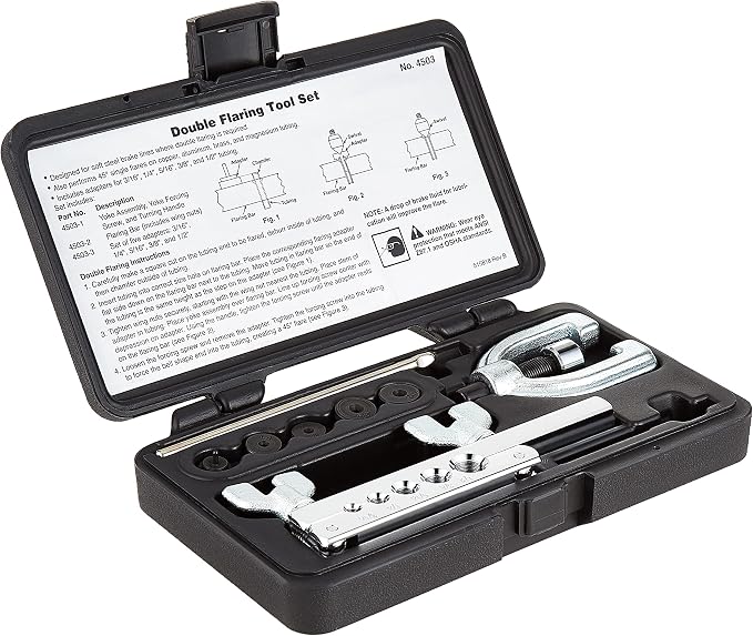 OTC 4503 Double Flaring Tool Kit - Create Double or Single Flares in Copper, Aluminum, Soft Steel Brake Line, and Brass Tubing (to 45 Degrees); Includes 5 Adapters 3/16"(4.8mm) through 1/2" (12.7mm)