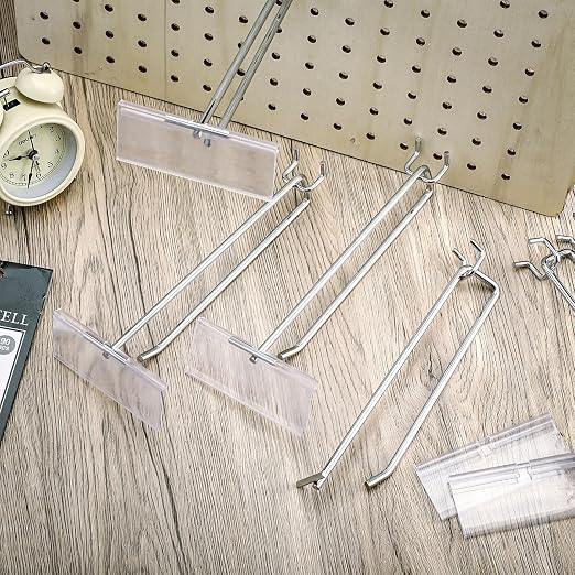 Tandefio 100 Pack 8 Inch Black Metal Peg Board Hooks with Clear Plastic Label Holder Stainless Steel Display Pegboard Hooks for 1/8'' to 1/4'' Pegboard Wall for Garage Storage Retail Shop Supplies