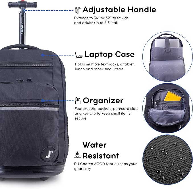 J World Sundance Laptop Rolling Backpack for Girls Boys. Roller Bookbag with Wheels, 20 Inch, Black