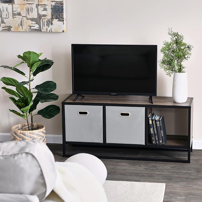 Household Essentials Ashwood & Iron Cube TV Console with Rustic Grain