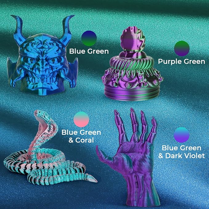 AMOLEN Silk PLA 3D Printer Filament Bundle, Shiny Dual Color PLA Filament 1.75mm Pack, PLA 3D Printing Filament, Blue Green Coral Dark Violet Purple 200g X 4 Spools