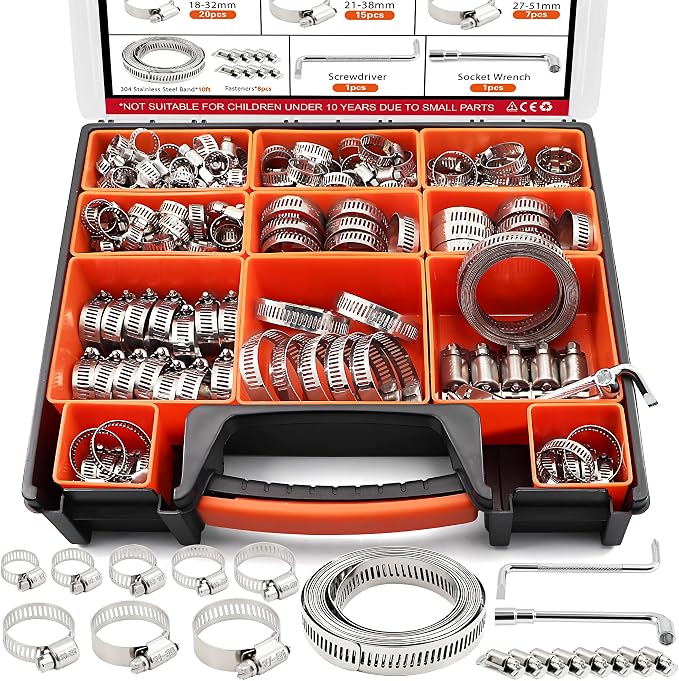 185-Piece 304 Stainless Steel Worm Gear Clamps Assortment Kit 1/4"-2" (6-51mm), with 10FT Cut-to-Fit Strap, 8 Fasteners, Socket Wrench & Organizer Box for Automotive, Plumbing, Marine, Fuel Line, HVAC