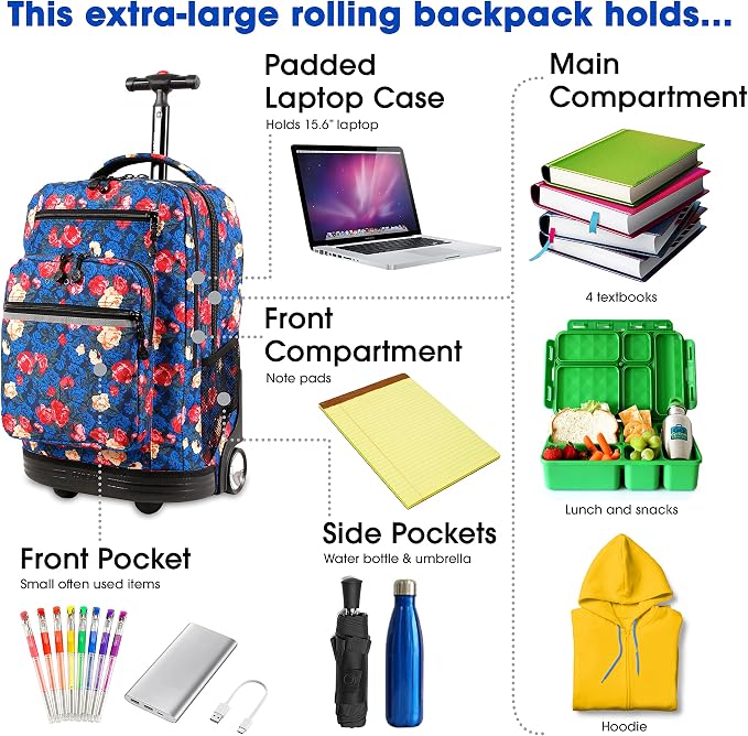 J World Sundance Laptop Rolling Backpack for Girls Boys. Roller Bookbag with Wheels, 20 Inch, Vintage Rose