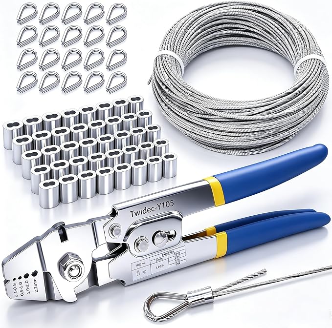 Twidec/Wire Rope Crimping Tool Kit Up To 2.2mm Swaging Tool With 165FT 1/16'' 304 stainless steel Wire Rope And 150PCS 1/16''Aluminum Crimping Loop Sleeve 20PCS Wire Rope Thimbles