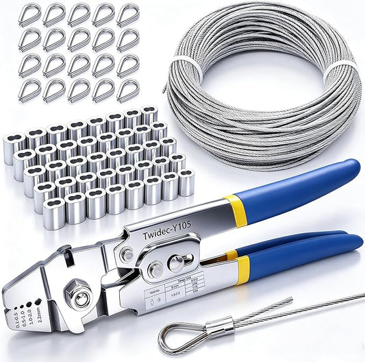 Twidec/Wire Rope Crimping Tool Kit Up To 2.2mm Swaging Tool With 165FT 1/16'' 304 stainless steel Wire Rope And 150PCS 1/16''Aluminum Crimping Loop Sleeve 20PCS Wire Rope Thimbles