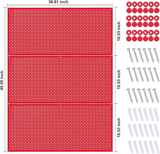 Pegboard Rack Garage Storage Steel Horizontal PegBoard Pack,Steel Pegboard Heavy Duty- 3 Pack 16-Inch X 36-Inch Metal Peg Board Tool Organization Panels (Red)