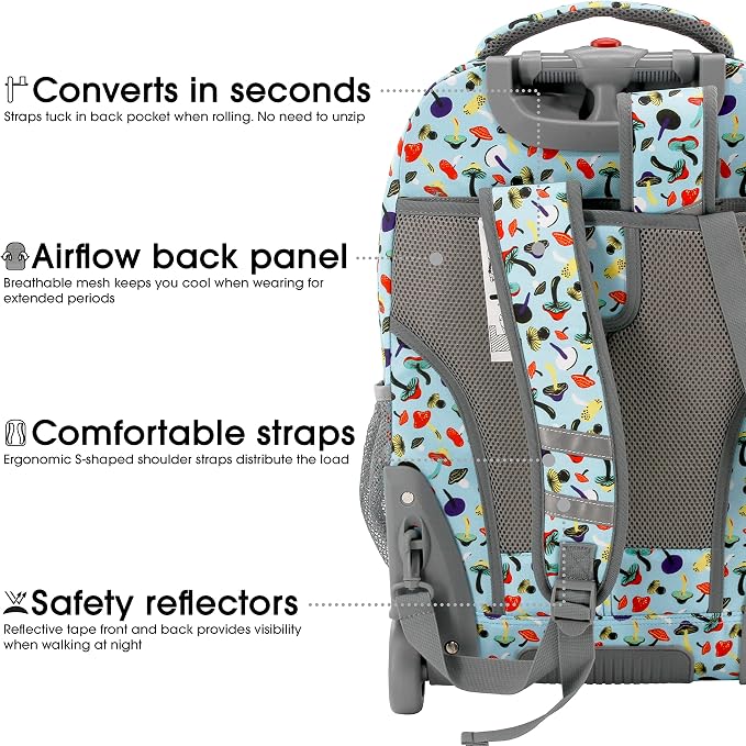 J World Sundance Laptop Rolling Backpack for Girls Boys. Roller Bookbag with Wheels, 20 Inch, Skyshroom