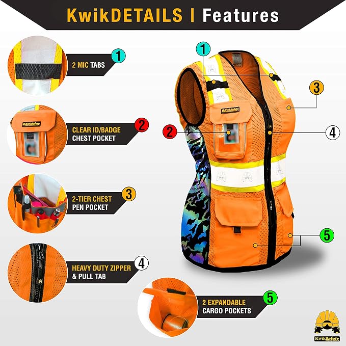KwikSafety TIGER QUEEN Safety Vest for Women [Orange, XS] + TORTOISE Full Brim Hard Hat Bundle