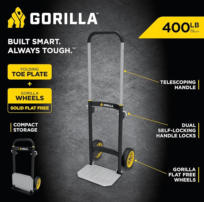 Gorilla 400 lb Capacity Steel Hand Truck, Telescoping Handle, Patented Trailer Locks, 8" No-Flat Wheels, Heavy-Duty Black Hand Truck