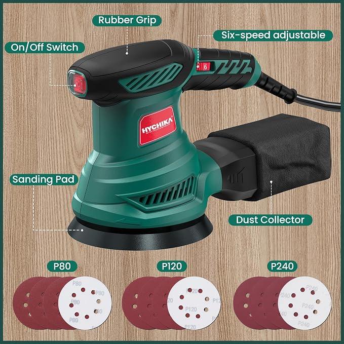 HYCHIKA 5-Inch Random Orbital Sander, 13000RPM Electric Palm Sander with 6 Variable Speeds, Powerful Motor, 12PCS Sandpapers and Efficient Dust Collection Bag, for Woodworking, Finishing and Polishing