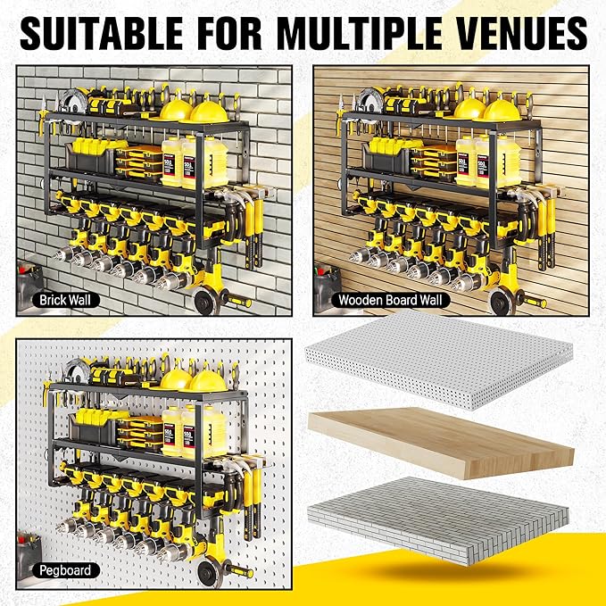 Hipidian Power Tool Organizer Wall Mount- 300lb Capacity 3-Tier Storage Rack with 7 Drill Holders for Garage Tools, Best Birthday Tools Gifts for Men Dad Husband