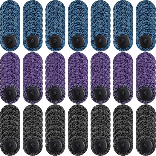 Macarrie 150 Pcs 2 Inch Surface Conditioning Sanding Discs Quick Change Fine Medium Coarse Sanding Pads Die Grinder Accessories for Surface Strip Grind Polish Burr Finish(Black,Blue,Purple)