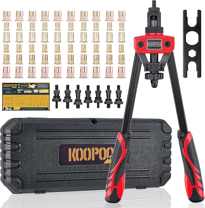 KOOPOOL 14" Rivet Nut Tool Kit, Heavy-Duty Rivnut/Nutsert Tool with 7 Mandrels (M6, M8, M10, 1/4"-20×2, 5/16"-18, 3/8"-16) & 70 Rivet Nuts, Rugged Rivnut Tool Kit with Carrying Case (14")