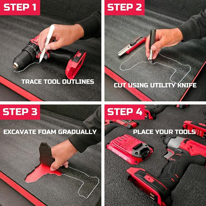 ONREVA Tool Box Foam 48x24x2 inch 2Pack, Foam Inserts for Cases, Polyethylene Storage Sheets for Toolbox Hard Case, Tool Shadow Insert, Kaizen Organizer Sheet, Black with Red