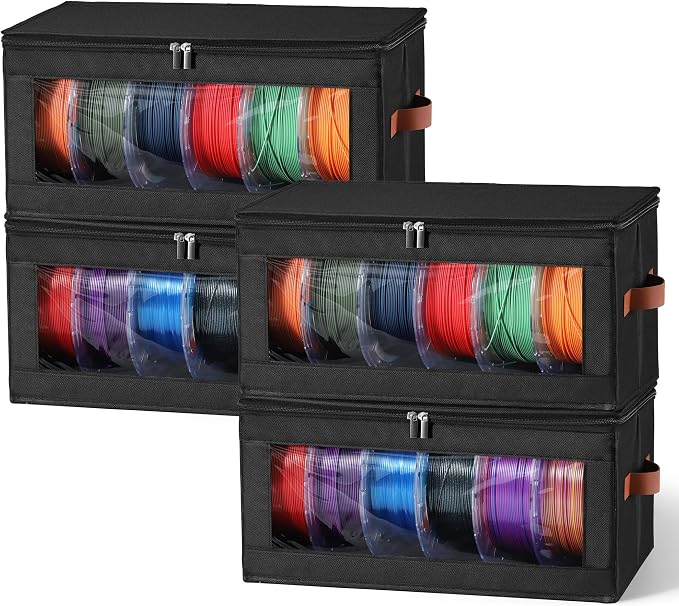 YOOPAI Filament Storage Box, 4 Pack Stackable 3D Printer Filament Storage Organizers for 24 Spools, Foldable Oxford Fabric Containers with Clear Window, PP Support Panels and Handles, Black