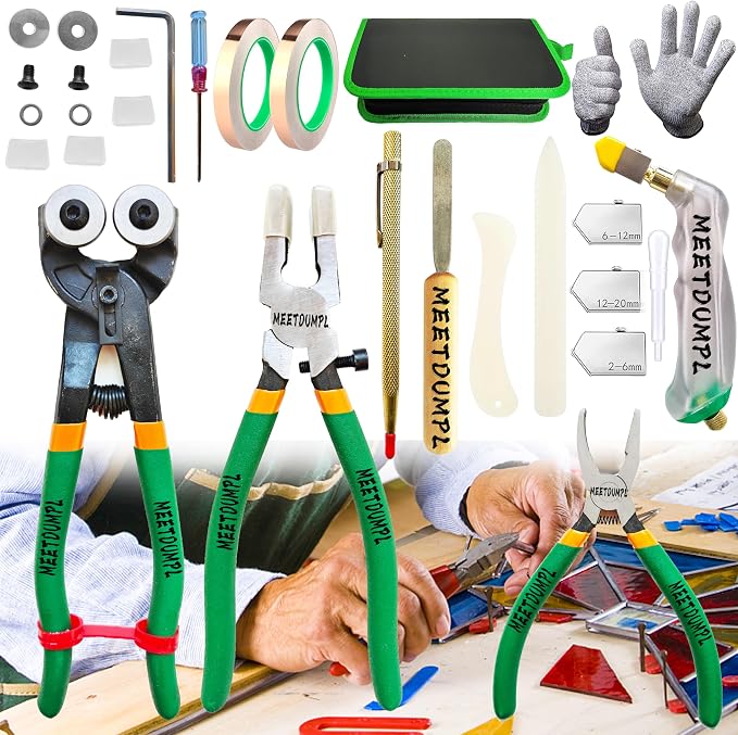Stained Glass Kit，Stained Glass Supplies，Glass Cutters Tools,Heavy Duty Glass Running Pliers，Wheeled Glass Nippers，Breaker Grozer Pliers，Glass Cutter，for Stained Glass,Mosaics,Fusing,Breaking (7)