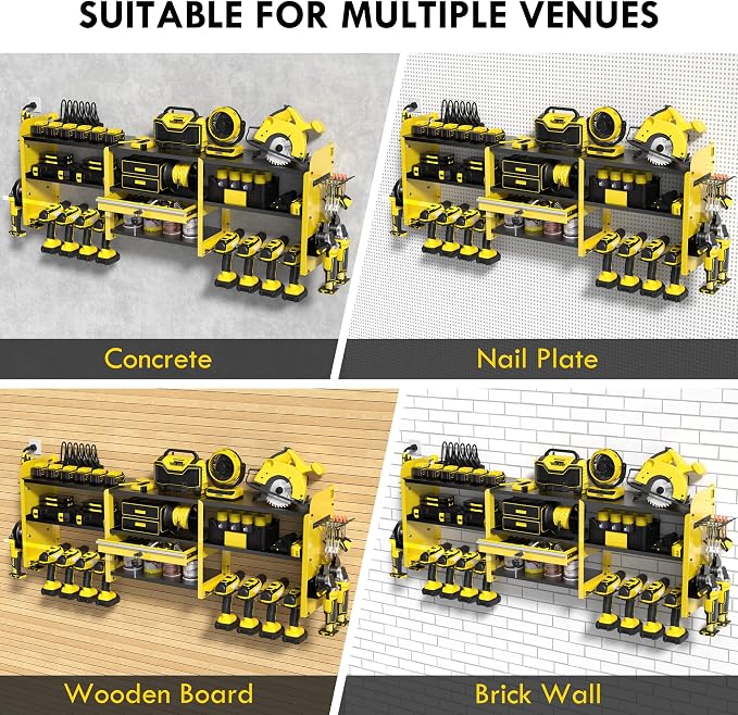 KSVO Large Power Tool Organizer Wall Mount with Locking Drawers, Grinder Holder, Hammer & Pliers Rack, & 6-Outlet Charging Shelf – Heavy Duty Metal Tool Storage for Garage & Workshop