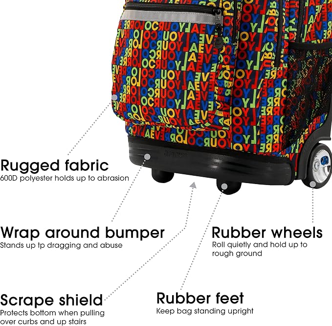 J World Sundance Laptop Rolling Backpack for Girls Boys. Roller Bookbag with Wheels, 20 Inch, RYC