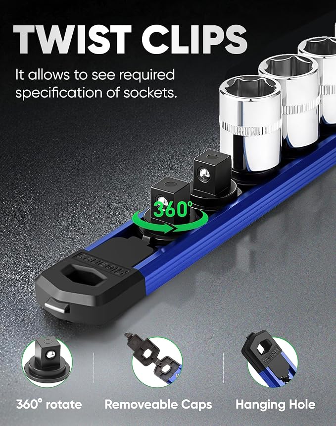 ALOANES Magnetic Socket Organizer Set, 1/2-Inch Drive Heavy Duty Aluminum Socket Rail Organizer, 360° Swivel Clips Socket Holder Kit for Toolbox Drawer Fit 1/2-Inch x 12 Clips (Blue, 1PC)