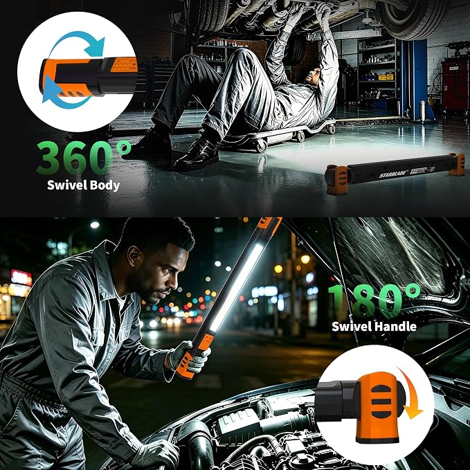 Underhood Magnetic Work Light for Mechanics, 4 Modes 2700K-6500K LED, 7800mAh 12H Battery, IP65 Waterproof, USB-C Rechargeable Hood Light for Car Repair/Garage/Emergency (Orange)
