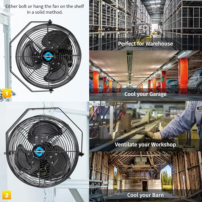 Tornado 2 Pack 12 Inch Outdoor Rated IPX4 Water-Resistant High Velocity Metal Industrial Wall Mount Fan For Commercial, Industrial, Residential, TEAO Motor 3 Speed 1650 CFM, cETL Safety Listed