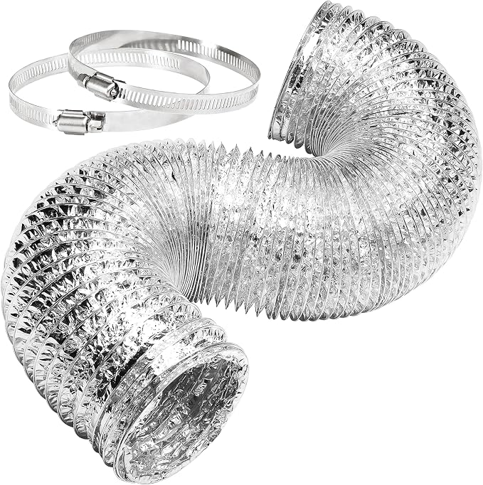 Simple Deluxe 4 Inch 8 Feet Ducting, Non-Insulated Flex Air Aluminum Foil Duct for Dryer Vent Hose, Heating, Cooling, Ventilation, Exhaust, 2 Clamps Included, Silver