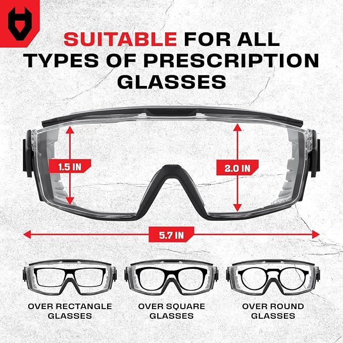 NoCry Clear Safety Goggles Over Glasses — for Men & Women With Gasket, UV380, Anti Fog Panoramic Vented Lenses — ANSI Z87.1 Eye Protection For Construction, Dust And Lab Goggles Adult