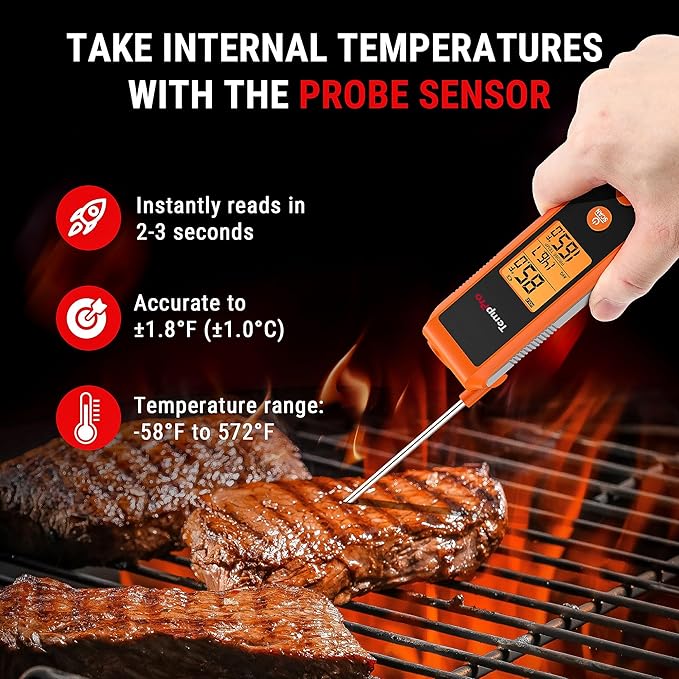 TempPro TP420 2-in-1 Instant Read Thermometer for Cooking, Infrared Thermometer with Meat Probe, Non-Contact Laser Meat Thermometer for Griddle Grill Pizza Oven HVAC Pool, Gift for Dad Husband