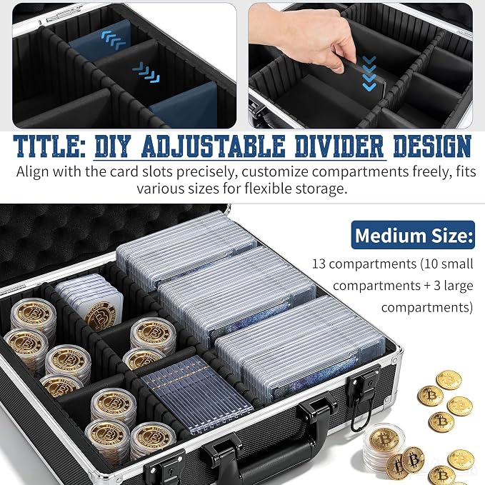 Aluminum Storage Case with Adjustable Dividers, Multi-Function Lockable Storage Carrying Case for Graded Card, Barber Tools, Makeup Tools, etc (Large) ﻿