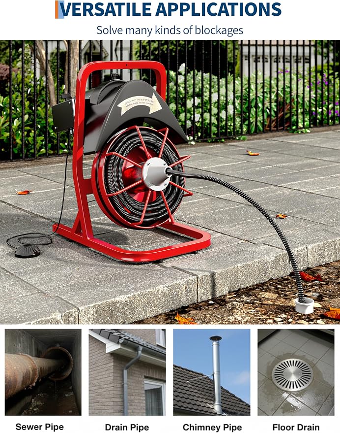 Garvee Drain Cleaner Machine 75FT x 1/2 Inch Steel Core Cable Portable 370W Electric Drain Cleaning Machine With Sewer Auger, Cutter, Air-activated Foot Switch, for Commercial, Home