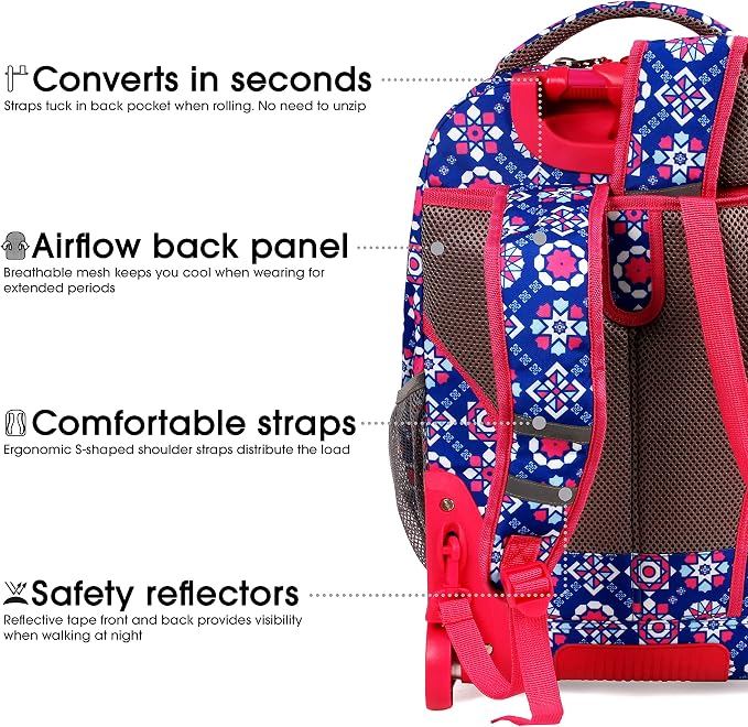 J World Sundance Laptop Rolling Backpack for Girls Boys. Roller Bookbag with Wheels, 20 Inch, Trinket